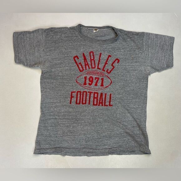 VINTAGE Gables Football 1971 Graphic T-shirt Women Large Gray 70s Single Stitch - Picture 1 of 9